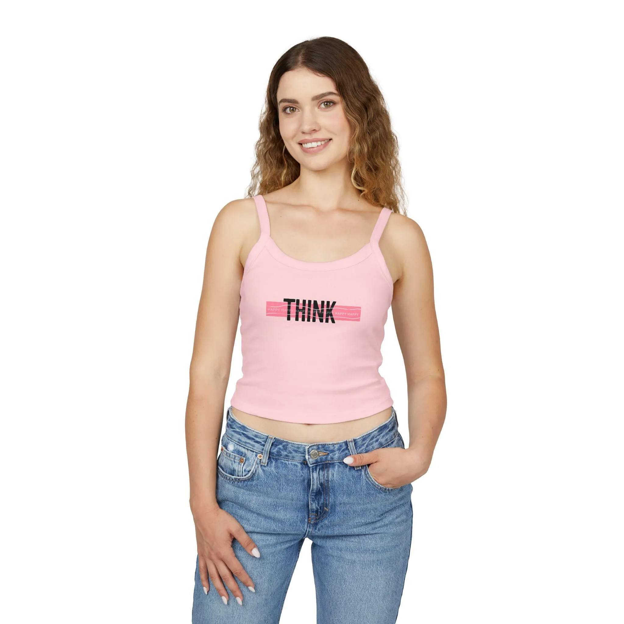 Top Women's Spaghetti Strap Tank Think Happy by Mariu del Campo.