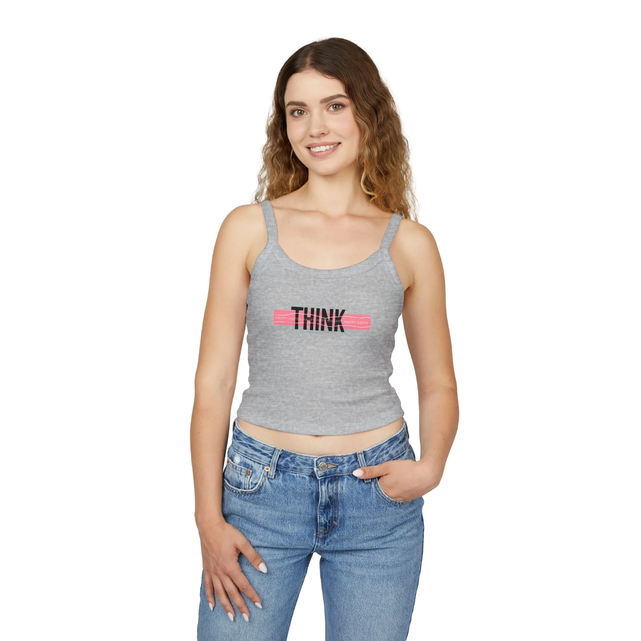 Top Women's Spaghetti Strap Tank Think Happy by Mariu del Campo.
