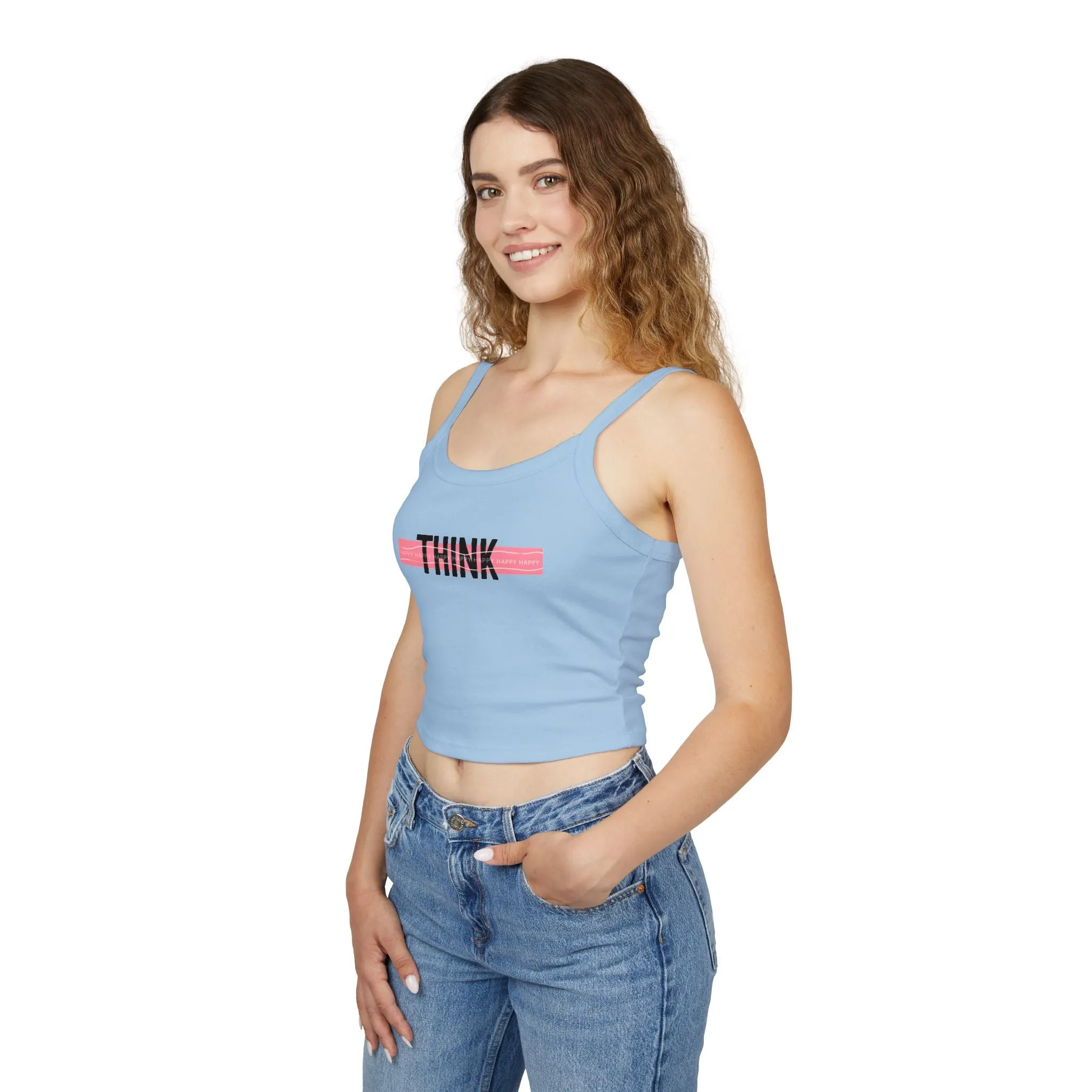 Top Women's Spaghetti Strap Tank Think Happy by Mariu del Campo.