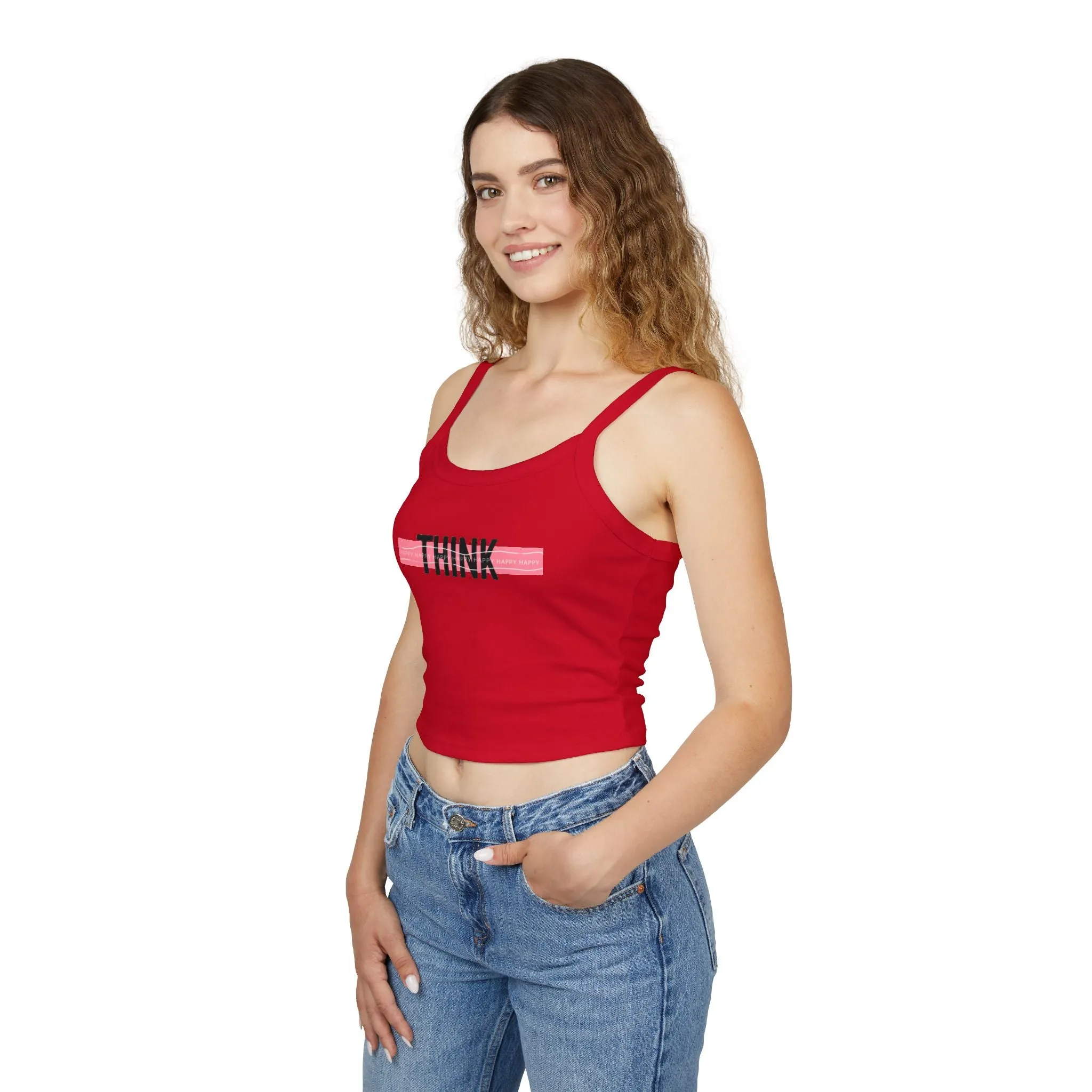Top Women's Spaghetti Strap Tank Think Happy by Mariu del Campo.