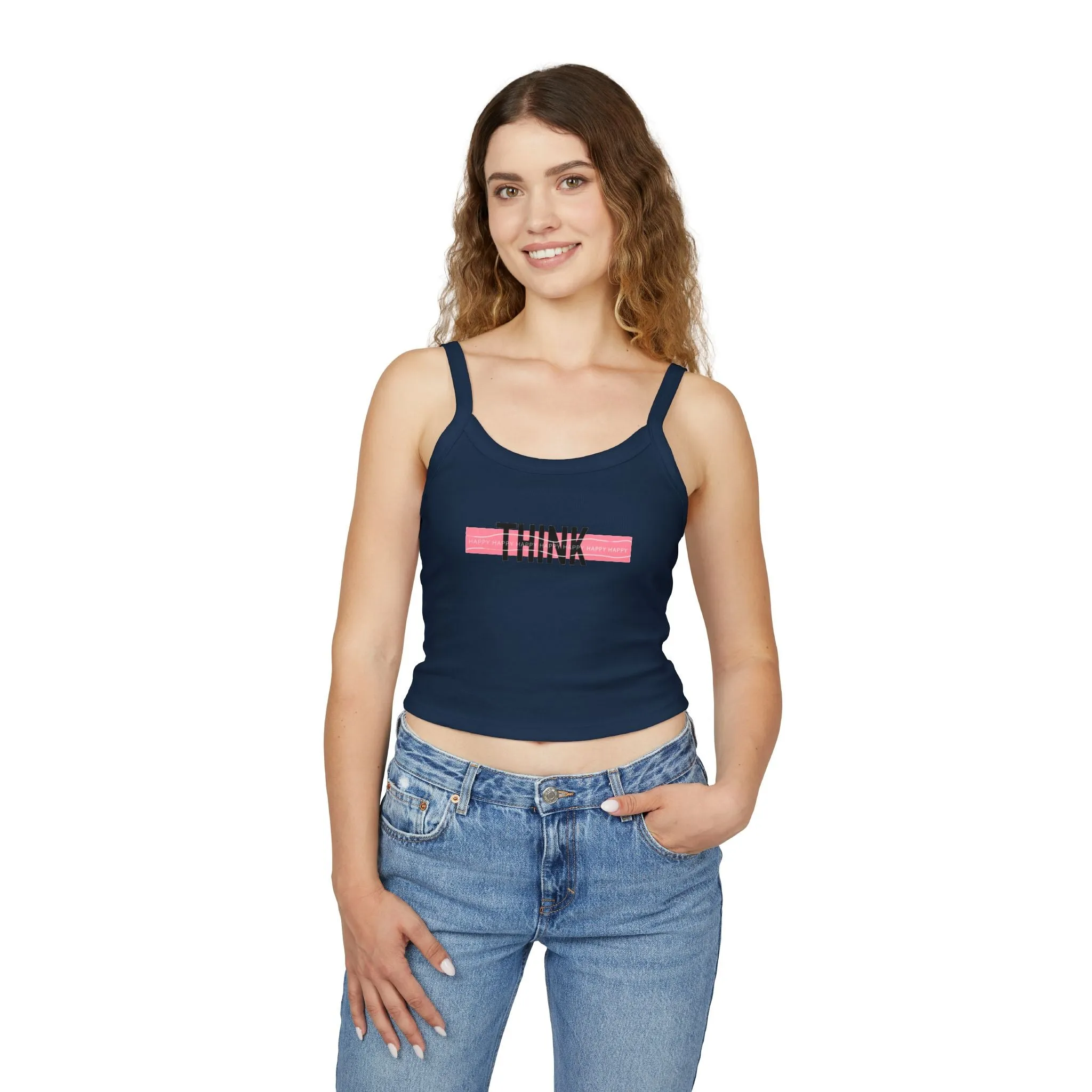 Top Women's Spaghetti Strap Tank Think Happy by Mariu del Campo.