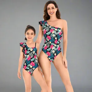 Tropical One-Shoulder Ruffle Swimsuit for Women and Girls - Vibrant Floral Print, Asymmetrical Design, Family Matching Swimwear