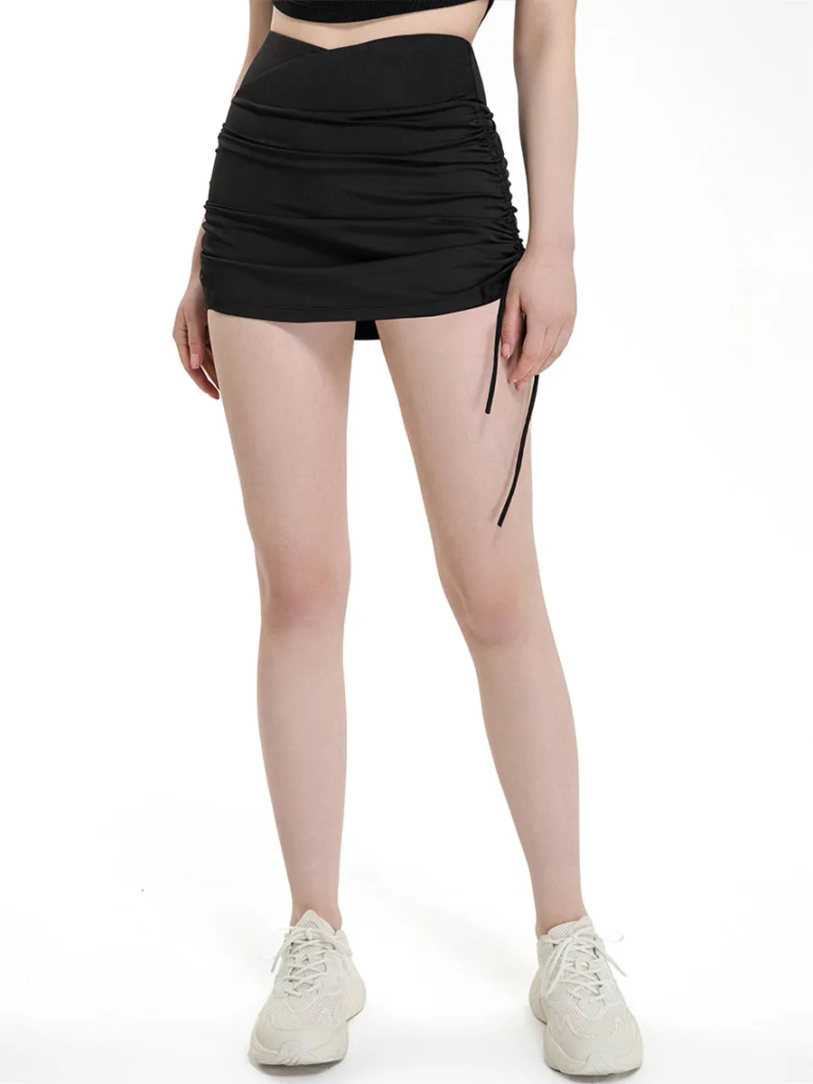 Two Side Drawstring High Waisted Stretchy Sports Skirt Half Skirt Tennis Skort with Lining