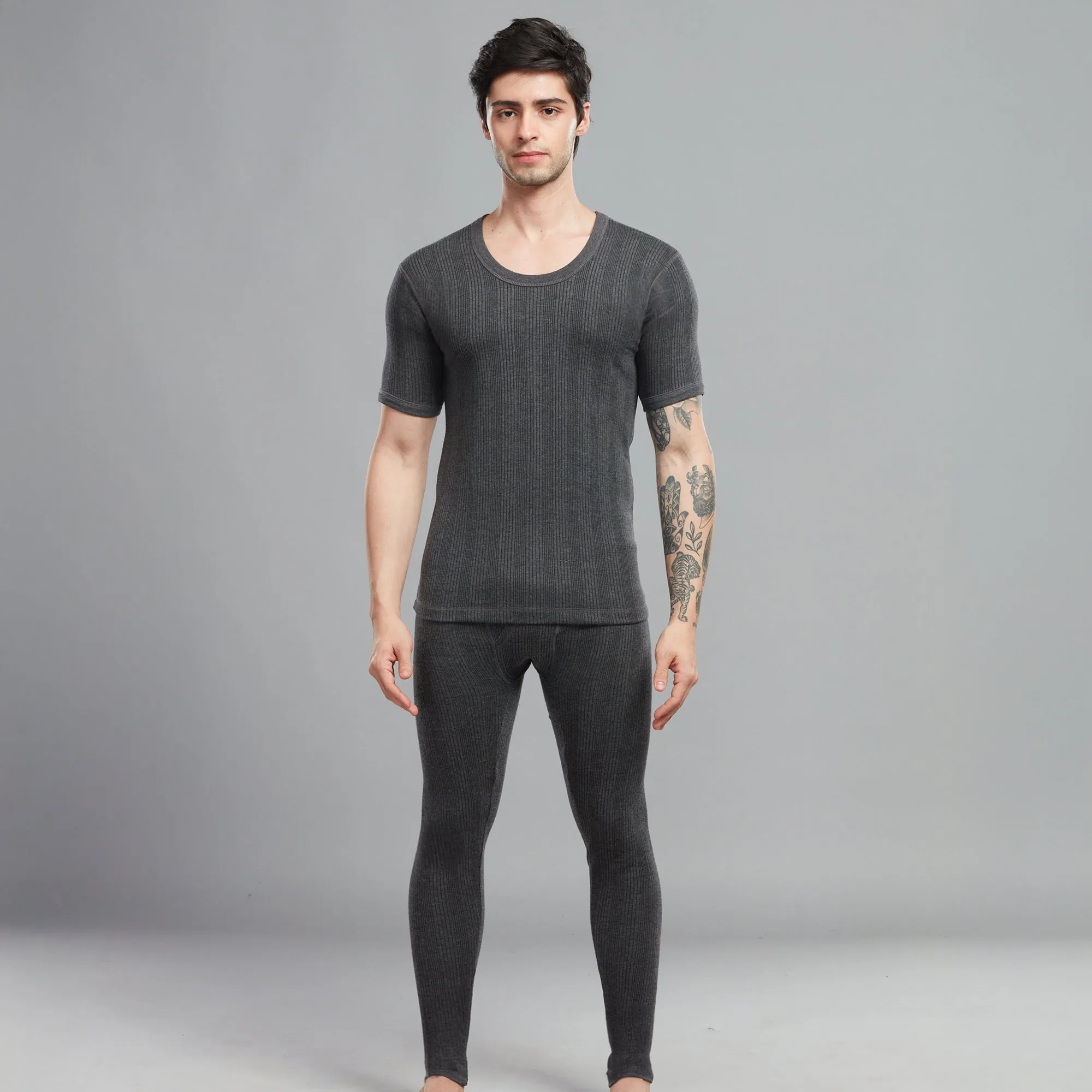Ultrasoft Cotton-Polyester Blend Flare Thermal Vest with a Round Neckline, Half Sleeves, Slim Fit - Charcoal