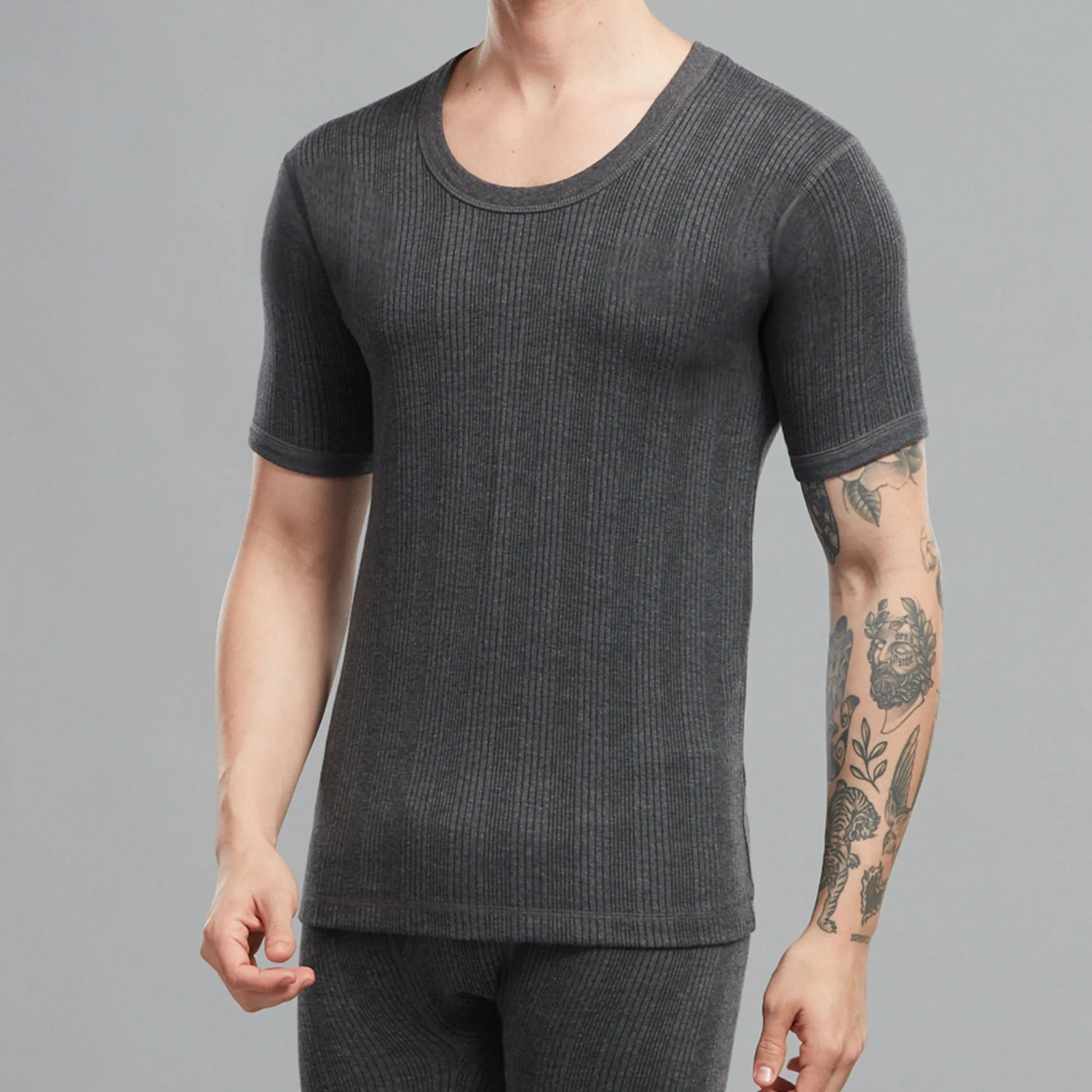 Ultrasoft Cotton-Polyester Blend Flare Thermal Vest with a Round Neckline, Half Sleeves, Slim Fit - Charcoal