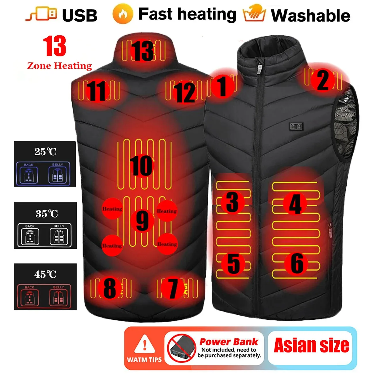 USB Heated Winter Vest – Multi-Zone Self-Heating Sleeveless Jacket for Men, Ideal for Hunting and Outdoor Wear C13