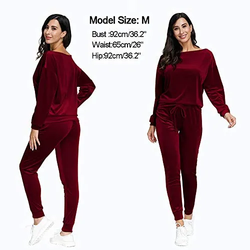 VamJump Women Burgundy Velvet Off Shoulder Long Sleeve Sweat Suits Tracksuit, Medium