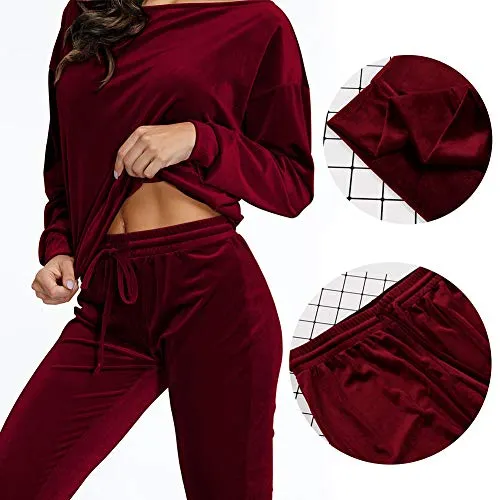 VamJump Women Burgundy Velvet Off Shoulder Long Sleeve Sweat Suits Tracksuit, Medium