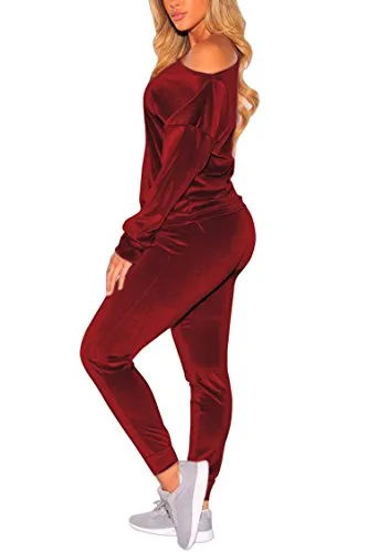 VamJump Women Burgundy Velvet Off Shoulder Long Sleeve Sweat Suits Tracksuit, Medium
