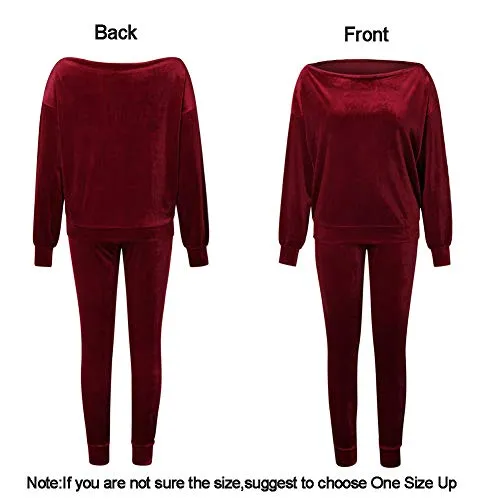 VamJump Women Burgundy Velvet Off Shoulder Long Sleeve Sweat Suits Tracksuit, Medium