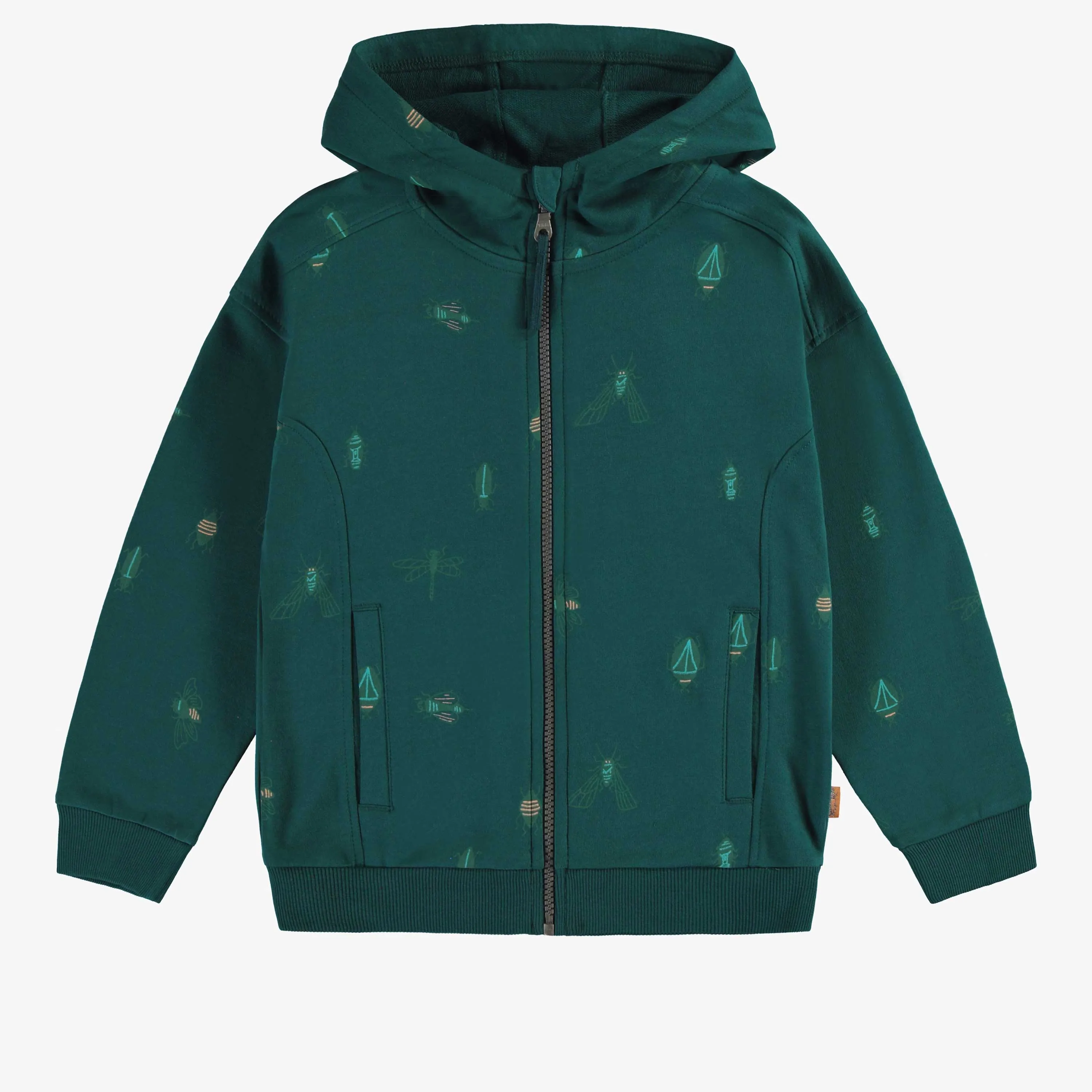 Veste régulière à capuchon et manches longues verte à motif, enfant || Green long sleeves regular sweater with pattern, child