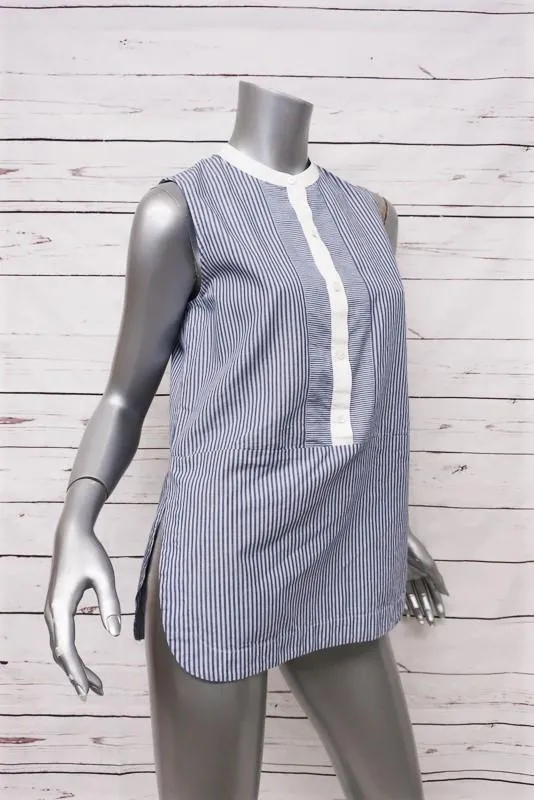 Vince Top Blue/White Mixed Stripe Cotton Poplin Size 2 Sleeveless Shirt