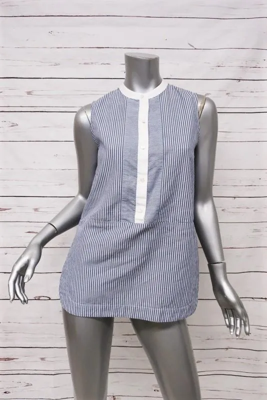 Vince Top Blue/White Mixed Stripe Cotton Poplin Size 2 Sleeveless Shirt