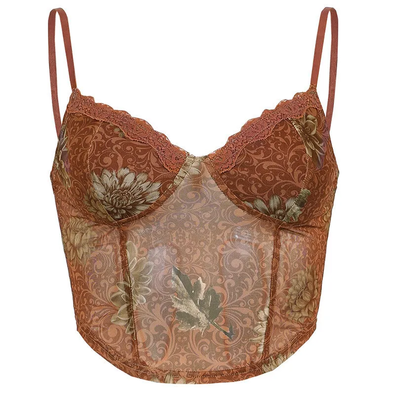 Vintage Lacy Sweetheart Neck Floral Printed Crop Tank Top - Brown