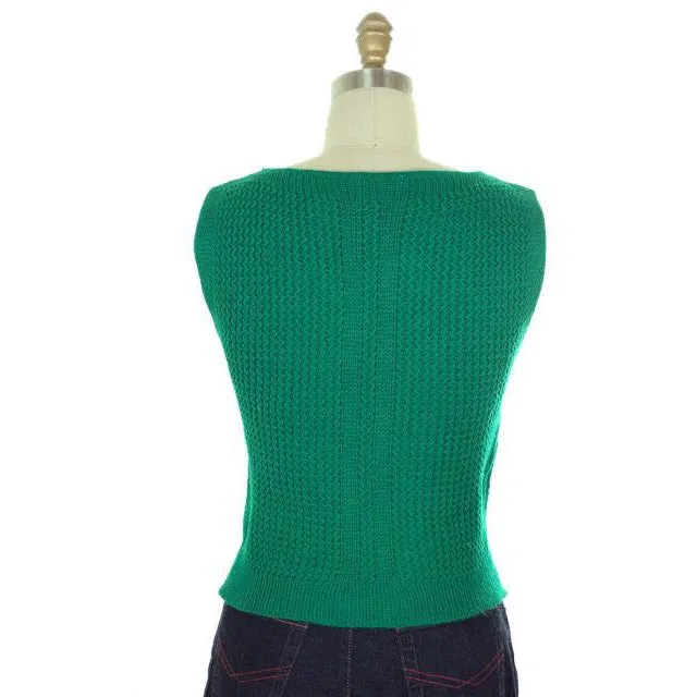 Vintage  Sweater Sleeveless Vest Boat Neck Green Hand Knit Wool 1960s S