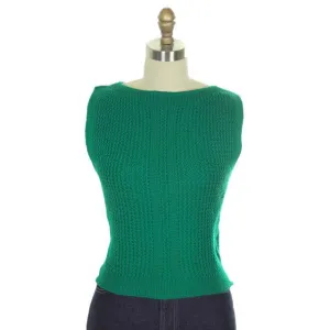 Vintage  Sweater Sleeveless Vest Boat Neck Green Hand Knit Wool 1960s S