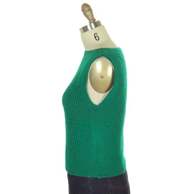Vintage  Sweater Sleeveless Vest Boat Neck Green Hand Knit Wool 1960s S