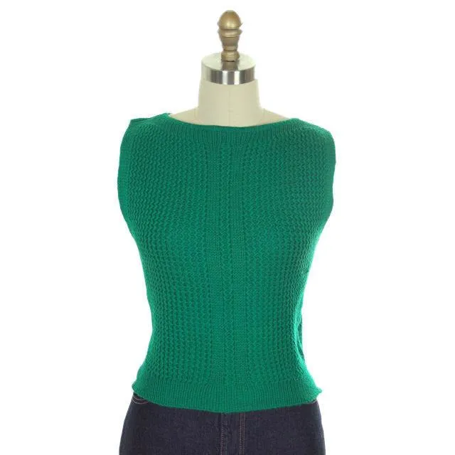 Vintage  Sweater Sleeveless Vest Boat Neck Green Hand Knit Wool 1960s S