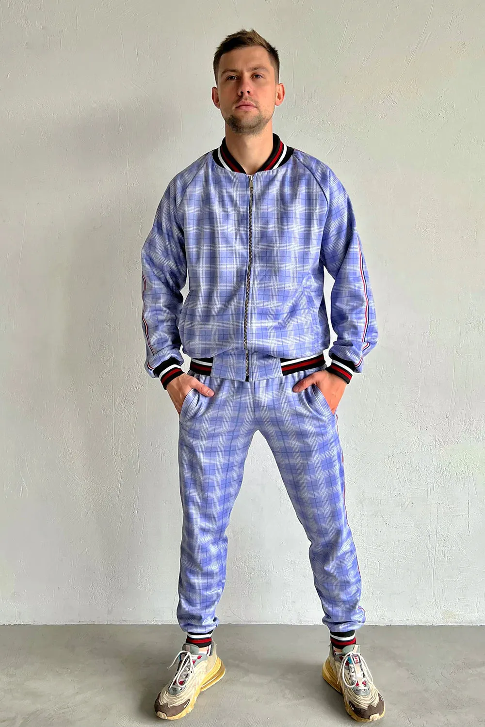 Violet and blue checkered men’s tracksuit