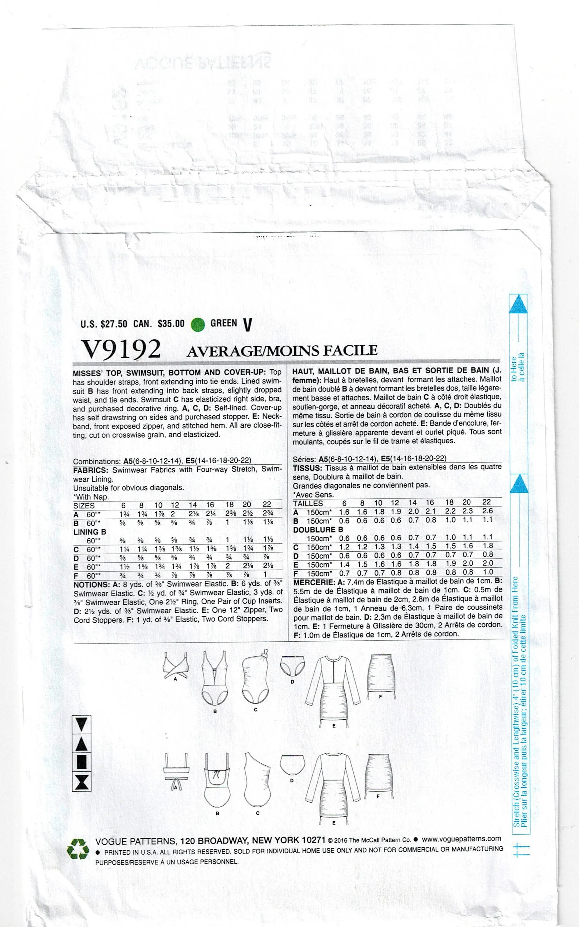 Vogue V9192 Womens Swimsuits Bikini & Cover Up Sewing Pattern Size 6 - 14 or 14 - 22 UNCUT Factory Folded