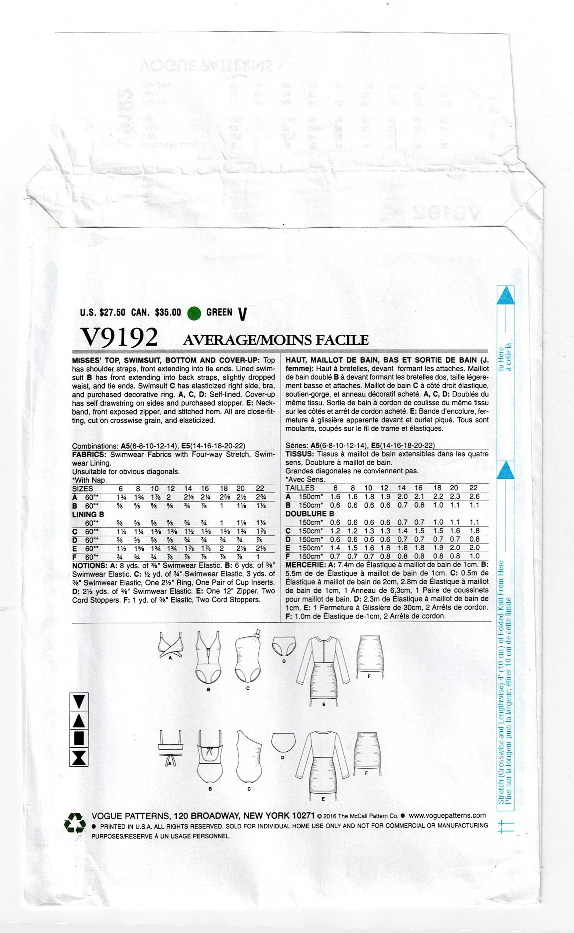 Vogue V9192 Womens Swimsuits Bikini & Cover Up Sewing Pattern Size 6 - 14 or 14 - 22 UNCUT Factory Folded