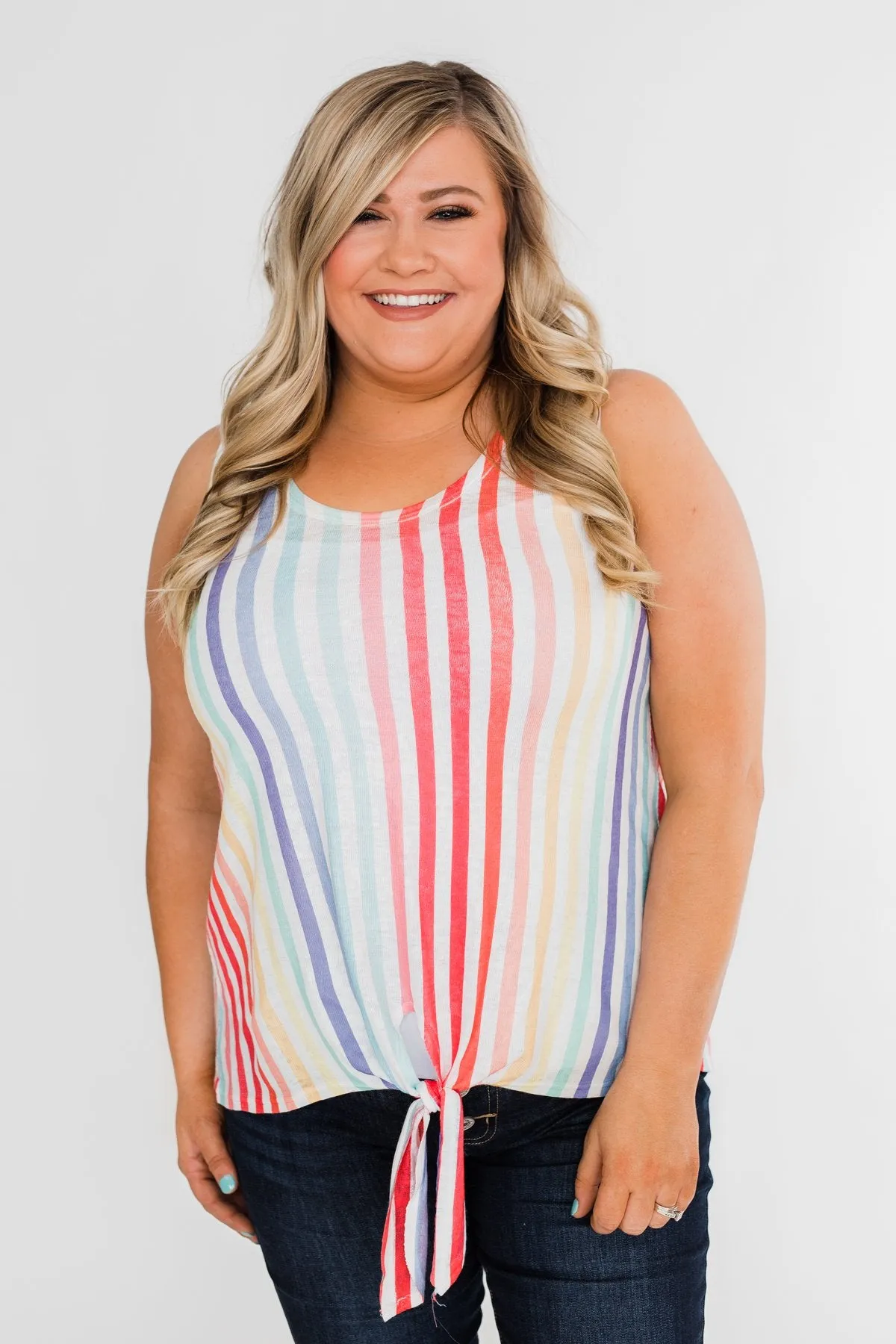 Walking On Sunshine Tie Tank Top- Rainbow
