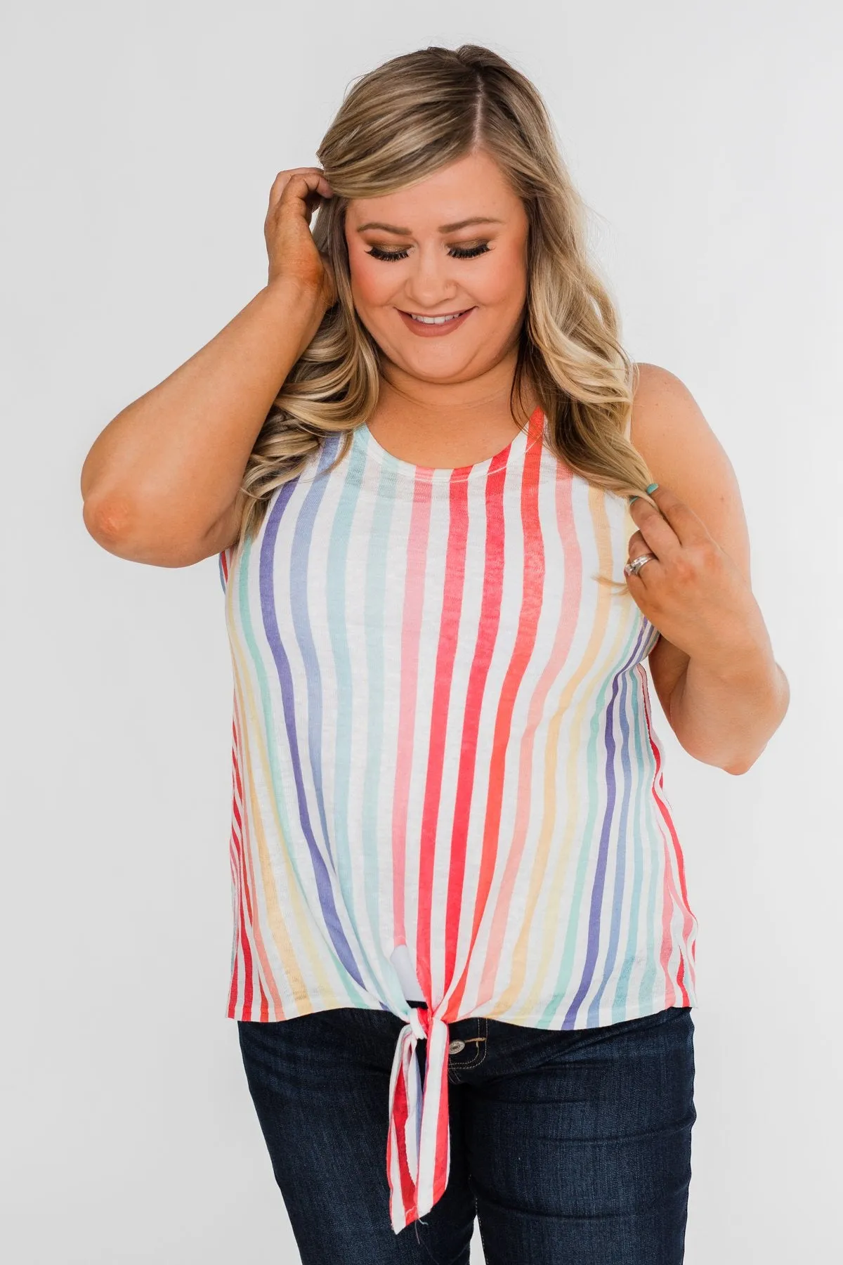 Walking On Sunshine Tie Tank Top- Rainbow