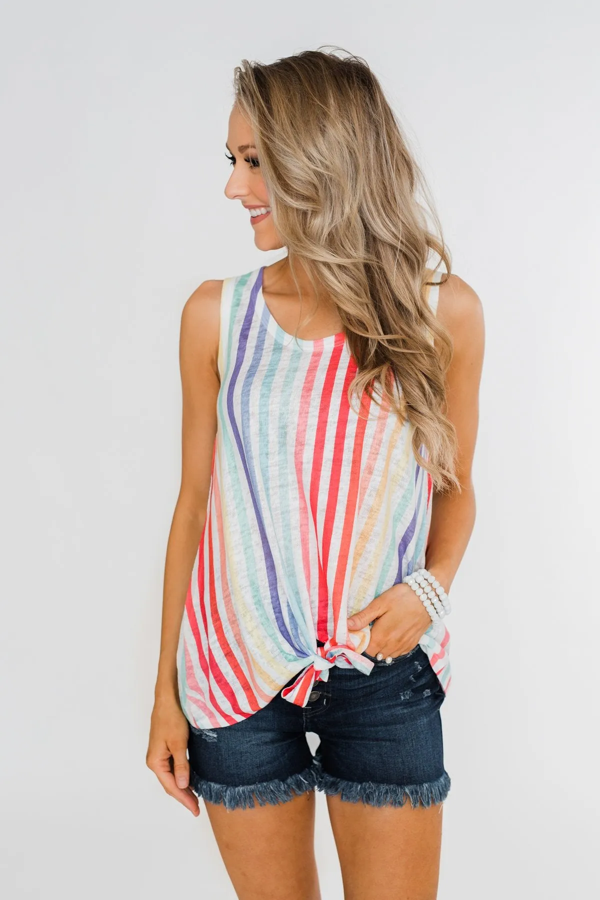 Walking On Sunshine Tie Tank Top- Rainbow