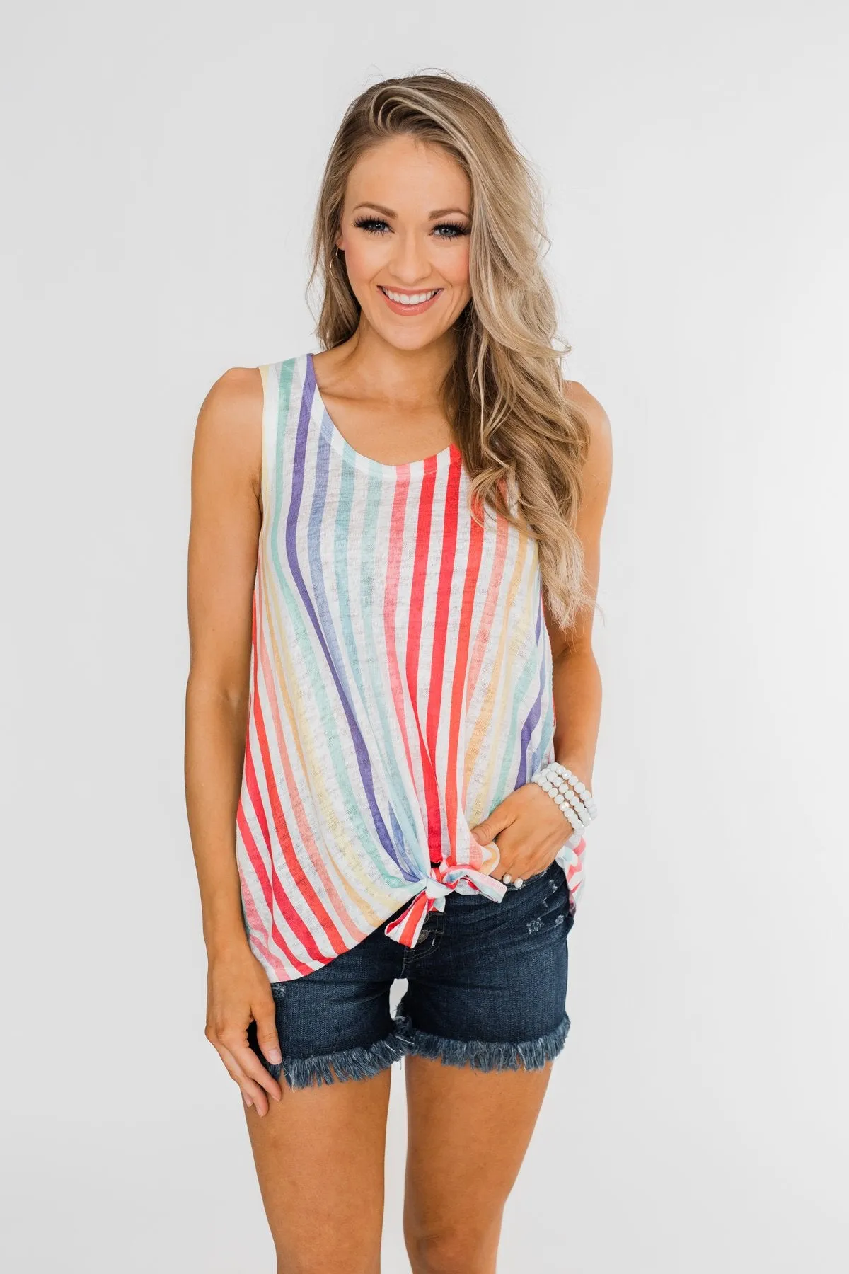 Walking On Sunshine Tie Tank Top- Rainbow