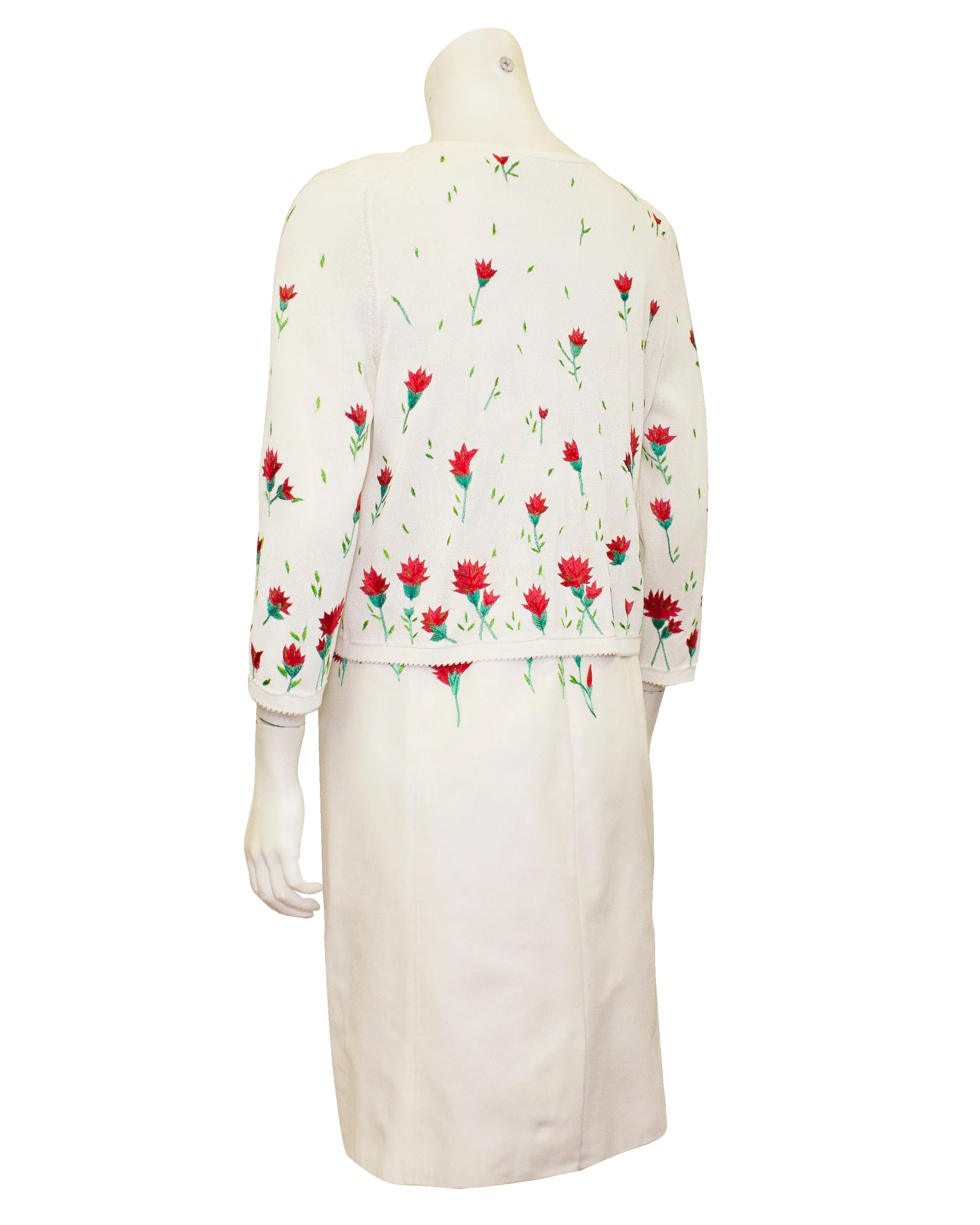 White and Pink Carnation Embroidered Dress and Cardigan Ensemble