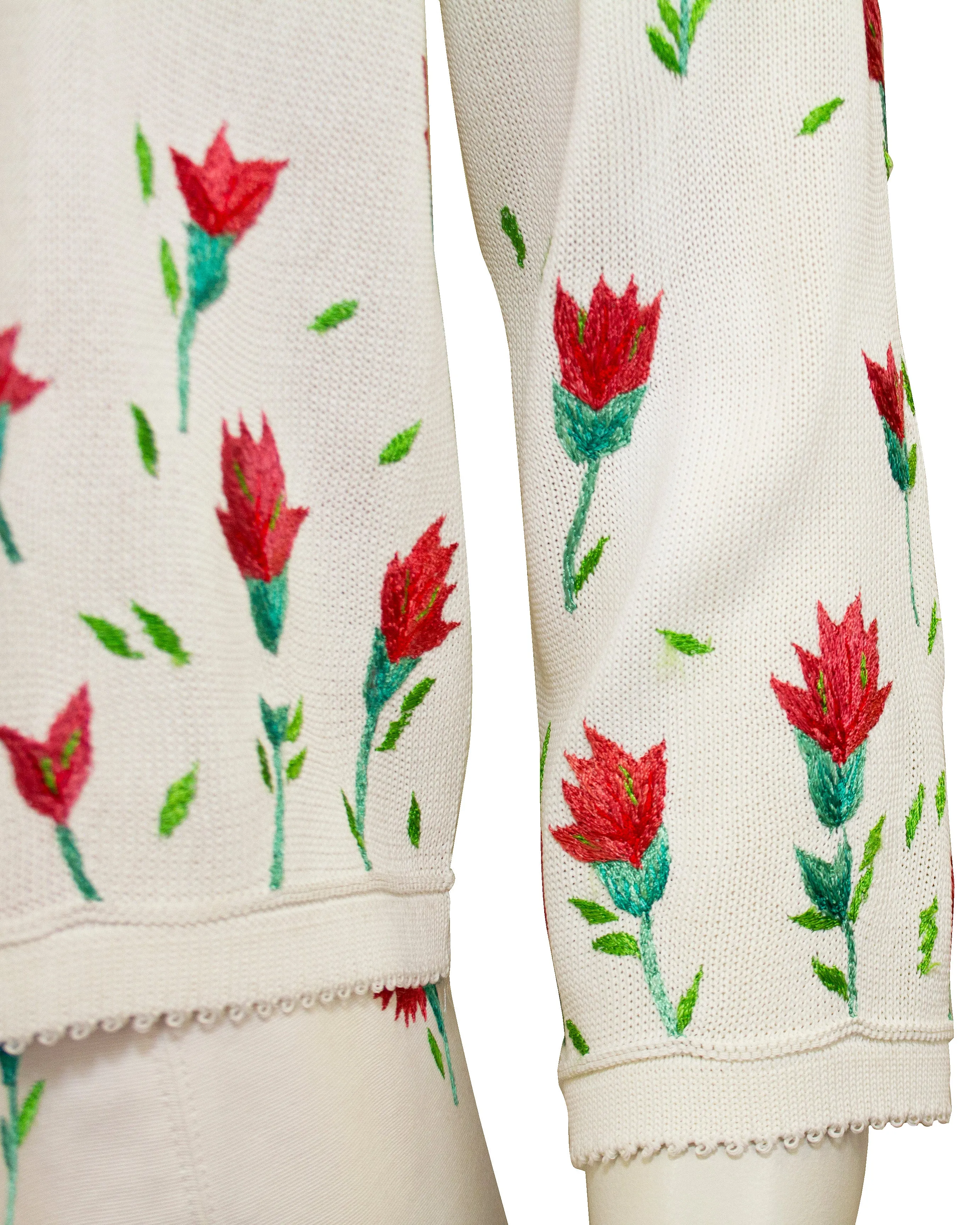 White and Pink Carnation Embroidered Dress and Cardigan Ensemble
