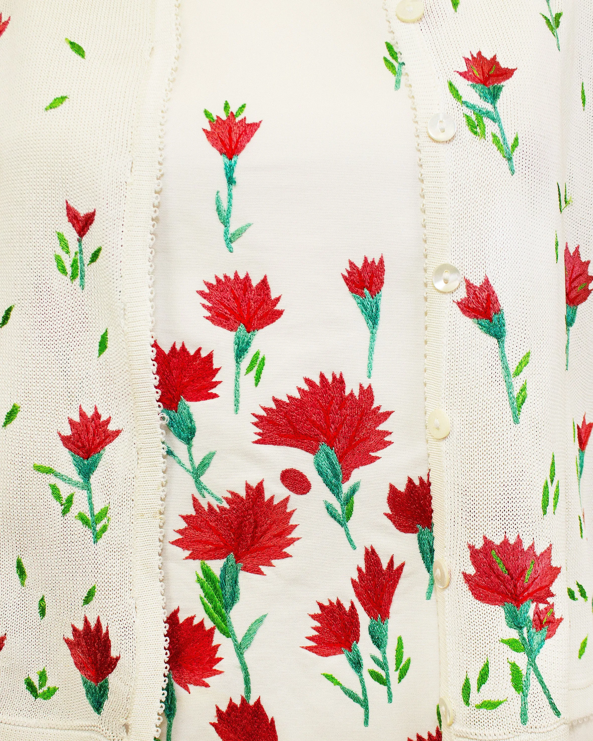 White and Pink Carnation Embroidered Dress and Cardigan Ensemble