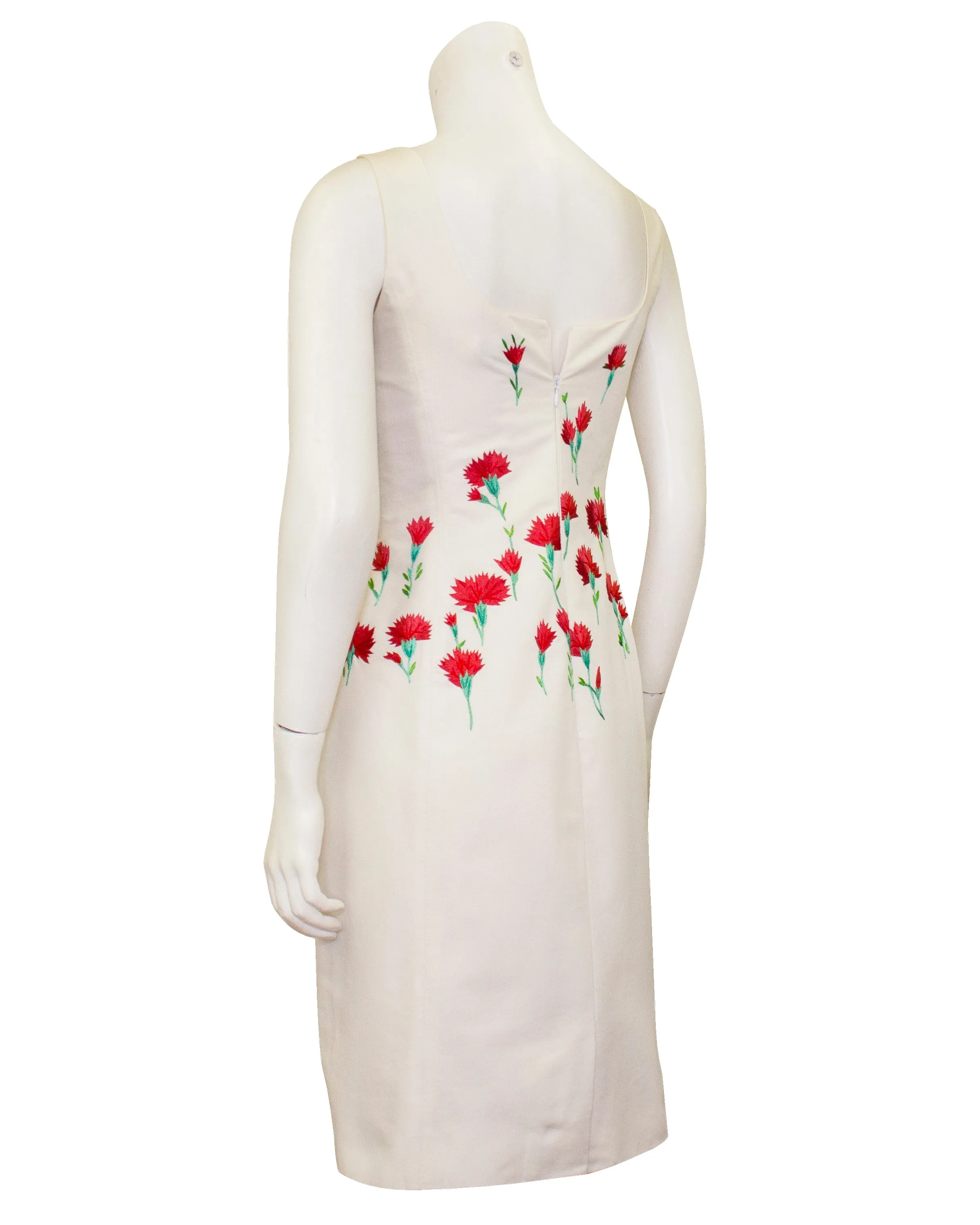 White and Pink Carnation Embroidered Dress and Cardigan Ensemble