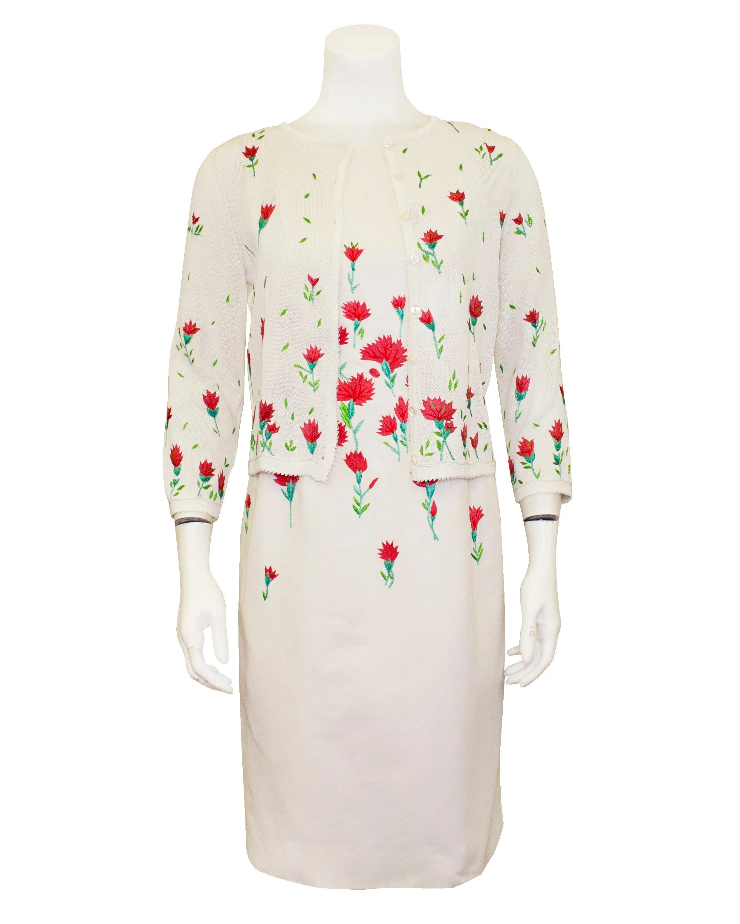 White and Pink Carnation Embroidered Dress and Cardigan Ensemble