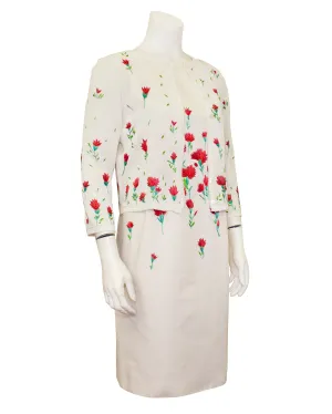 White and Pink Carnation Embroidered Dress and Cardigan Ensemble