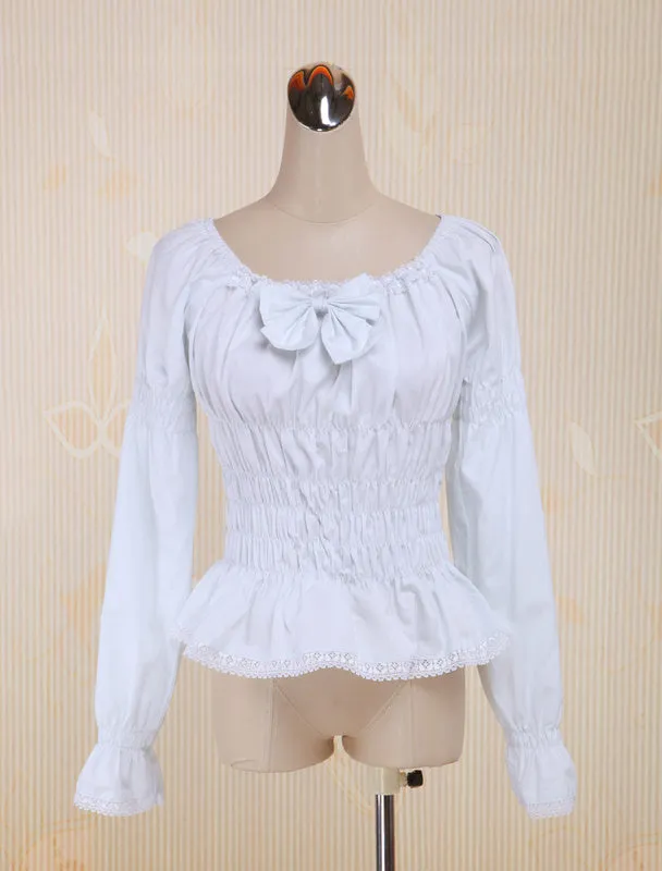 White Cotton Lolita Blouse Long Sleeves Shirring Bow Round Neck