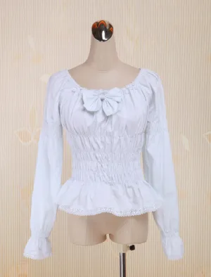 White Cotton Lolita Blouse Long Sleeves Shirring Bow Round Neck