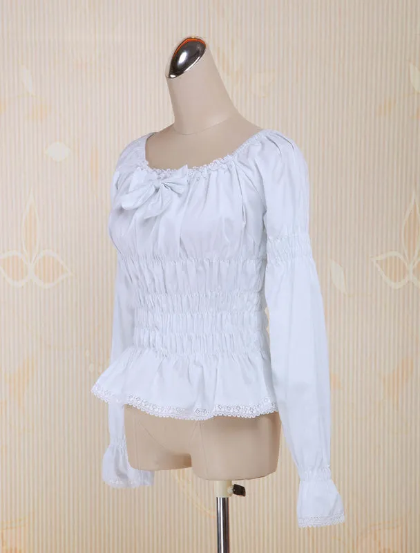 White Cotton Lolita Blouse Long Sleeves Shirring Bow Round Neck