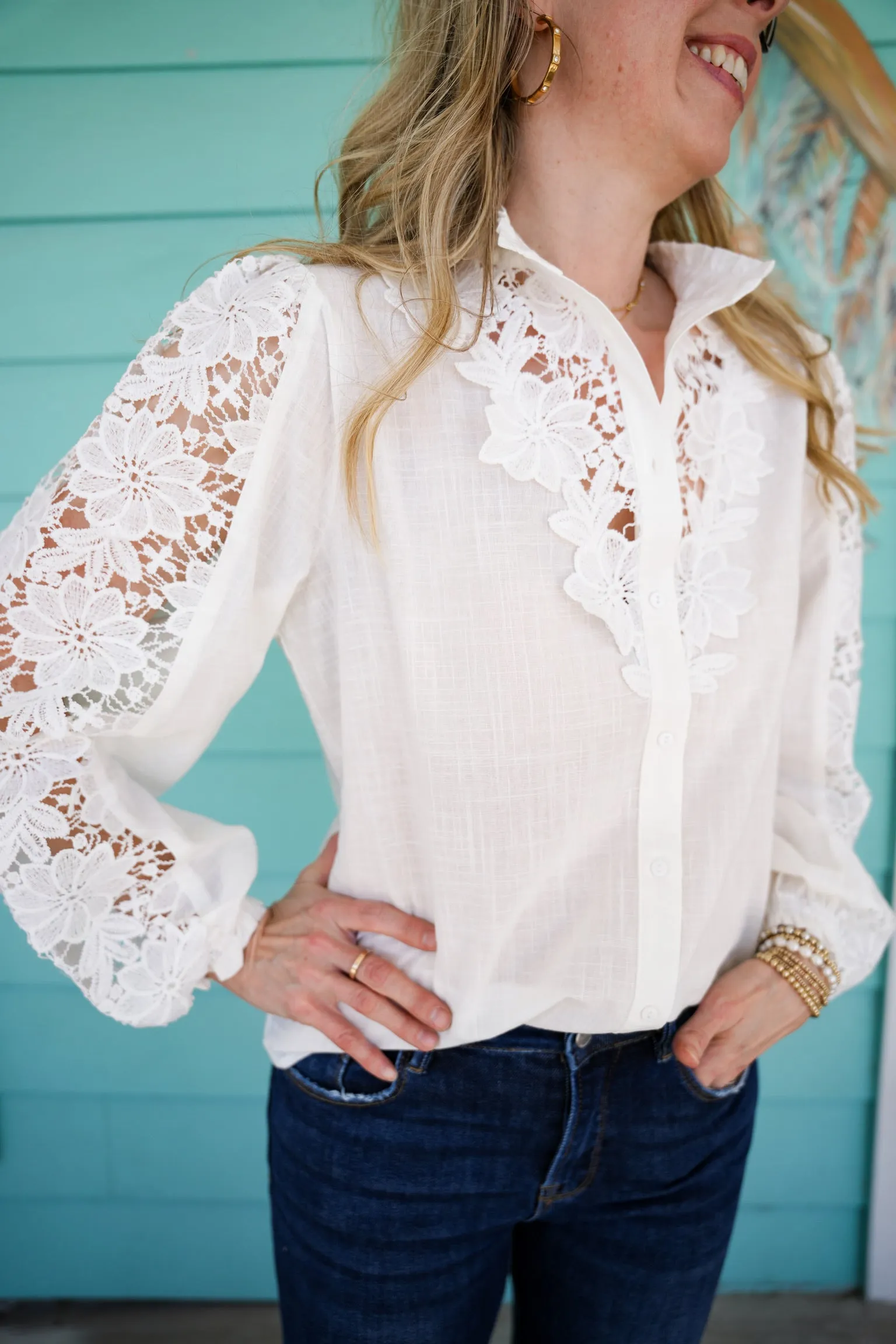 White Lace Trimmed Blouse
