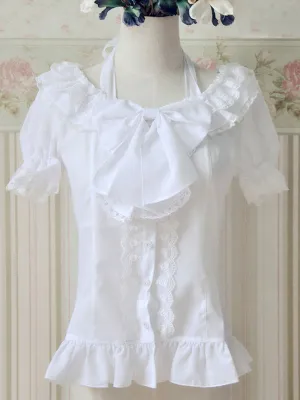 White Lace-Up Bows Ruffles Cotton Lolita Blouse for Women
