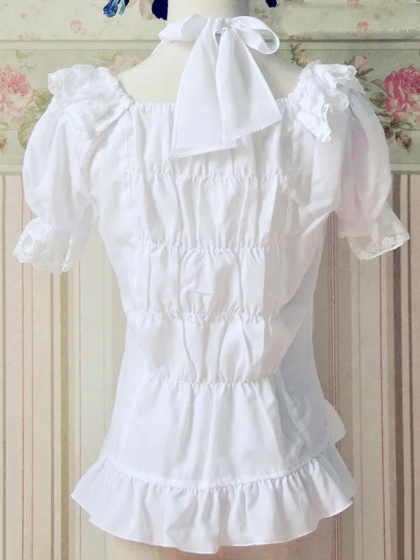 White Lace-Up Bows Ruffles Cotton Lolita Blouse for Women