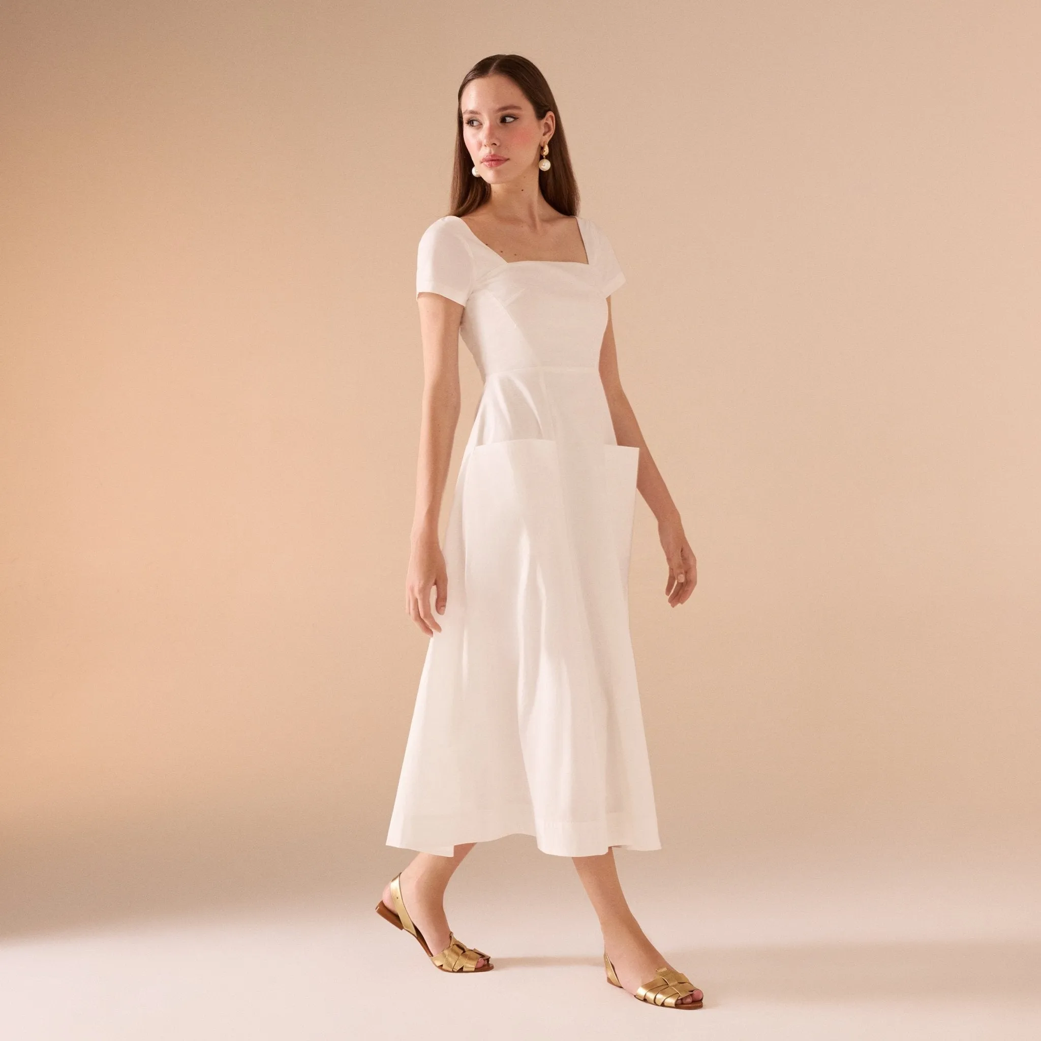 White Square Neck Poplin Midi Dress