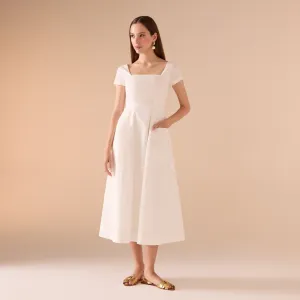 White Square Neck Poplin Midi Dress