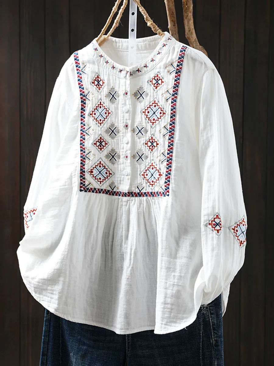 Women 100%Cotton Stand Collar Embroidery Shirt