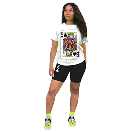 Women 2 Piece Sports Outfits Sets-Short Sleeve Poker Print T Shirts   Short Pants Bodycon Jumpsuit Set Clubwear Tracksuit Jogging Suit QM4056 Black-S