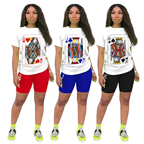 Women 2 Piece Sports Outfits Sets-Short Sleeve Poker Print T Shirts   Short Pants Bodycon Jumpsuit Set Clubwear Tracksuit Jogging Suit QM4056 Black-S