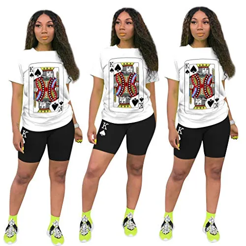 Women 2 Piece Sports Outfits Sets-Short Sleeve Poker Print T Shirts   Short Pants Bodycon Jumpsuit Set Clubwear Tracksuit Jogging Suit QM4056 Black-S