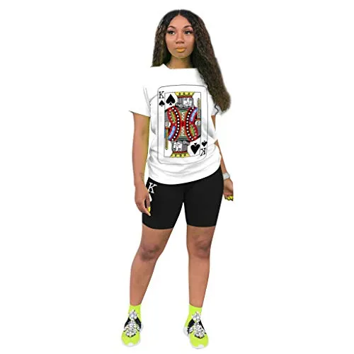 Women 2 Piece Sports Outfits Sets-Short Sleeve Poker Print T Shirts   Short Pants Bodycon Jumpsuit Set Clubwear Tracksuit Jogging Suit QM4056 Black-S