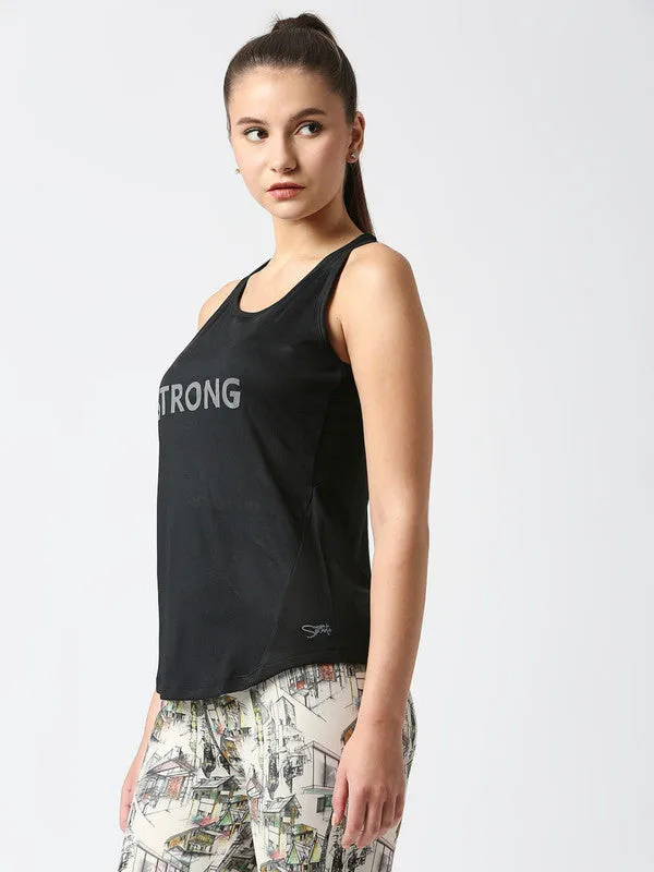Women Black Printed Racher Back Top-ALUMNI TANK_Black