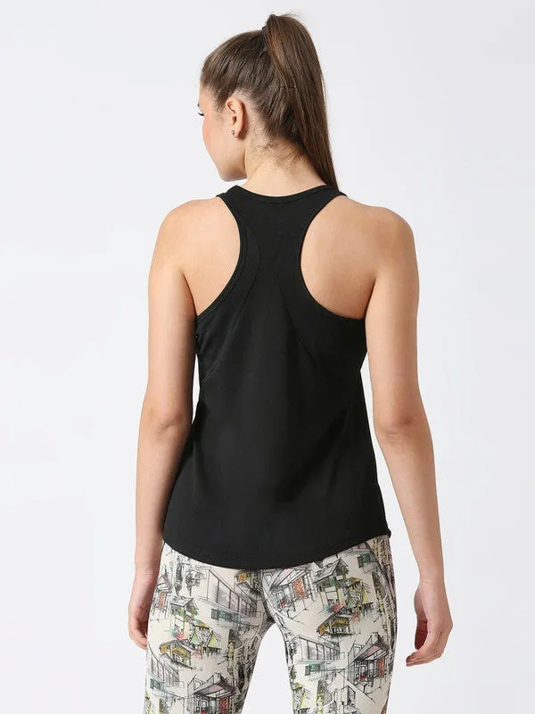 Women Black Printed Racher Back Top-ALUMNI TANK_Black
